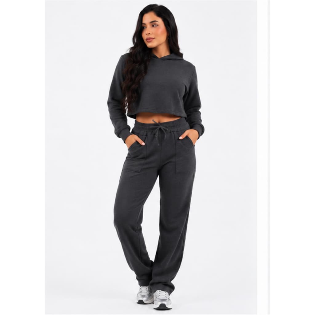 Conjunto Moletom Calça Pantalona Cropped Feminino Casual Frio Inverno Aerolook Confortável Atemporal