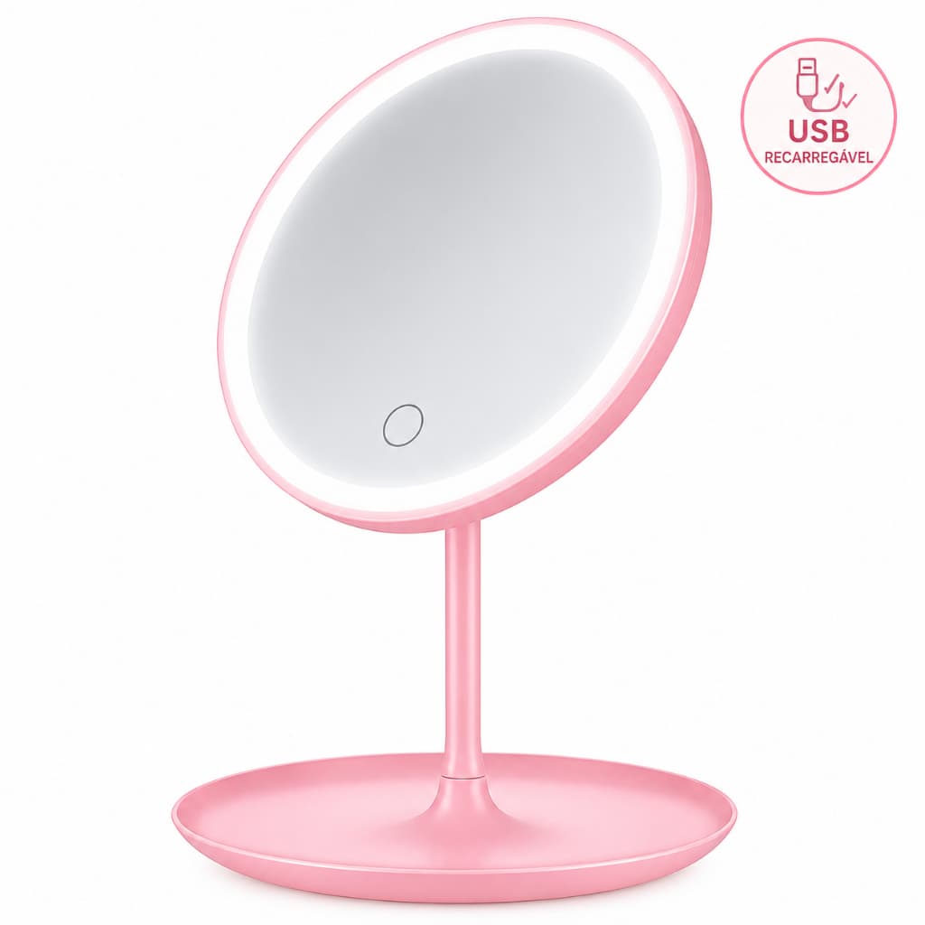 Espelho de Maquiagem LED Touch Recarregável USB 3 Tons de Luz Dobrável de Mesa com Base Organizadora