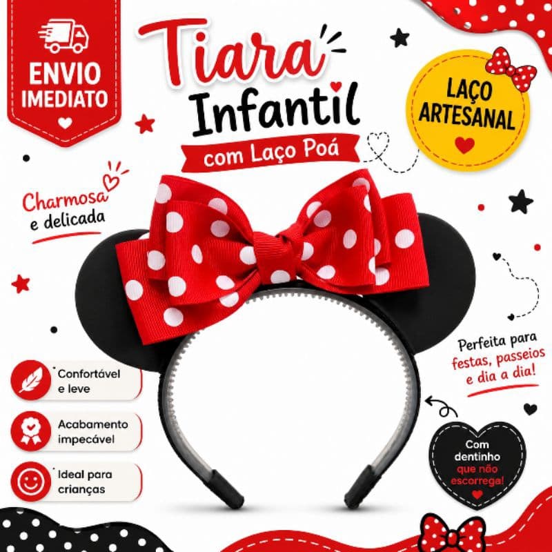 Tiara infantil com orelhinhas e laço poá vermelho ou rosa. Tiara Minnie