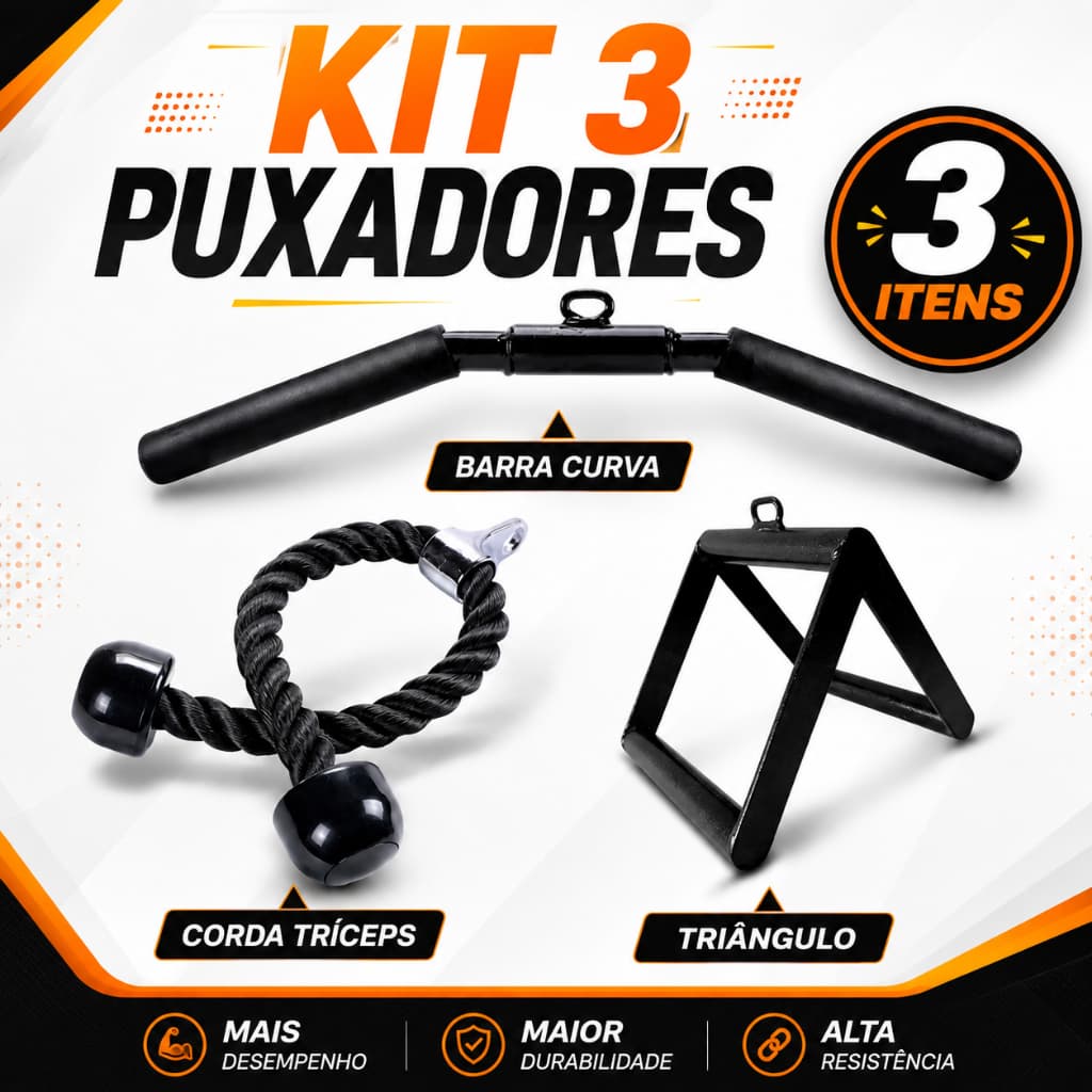 Kit 3 Puxadores Corda Tríceps Barra Curva Triângulo Remada Cavalinho Academia Musculação Fitness Gym