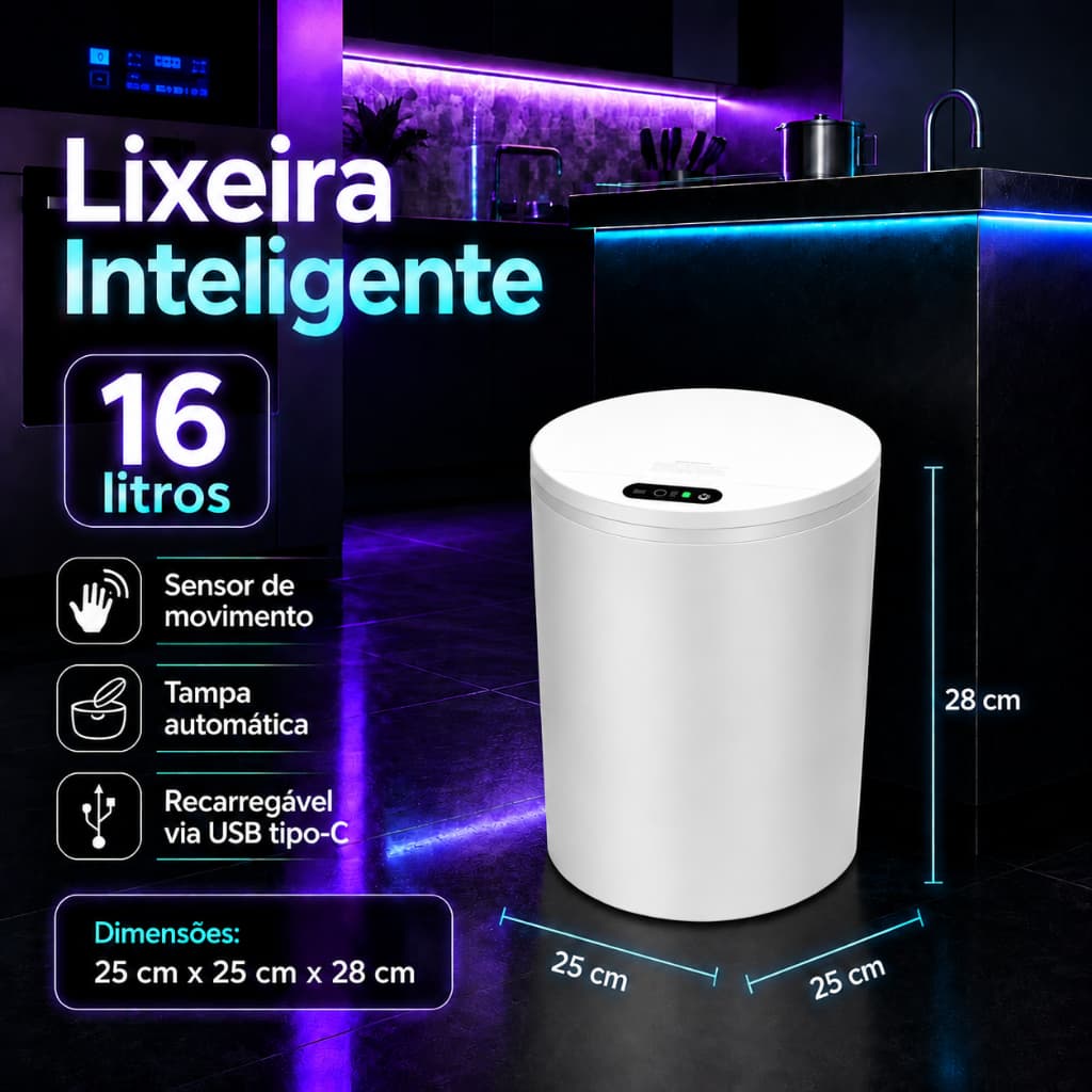 Lixeira Automática com Sensor Inteligente Abertura Sem Toque Tampa Inteligente para Cozinha e Banheiro