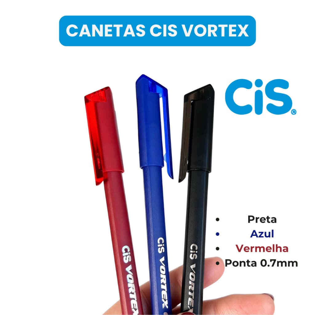 Caneta Esferográfica CIS Vortex 0.7mm Kit com 3 Cores (Azul, Preta e Vermelha) | Ponta Fina, Corpo Triangular e Escrita
