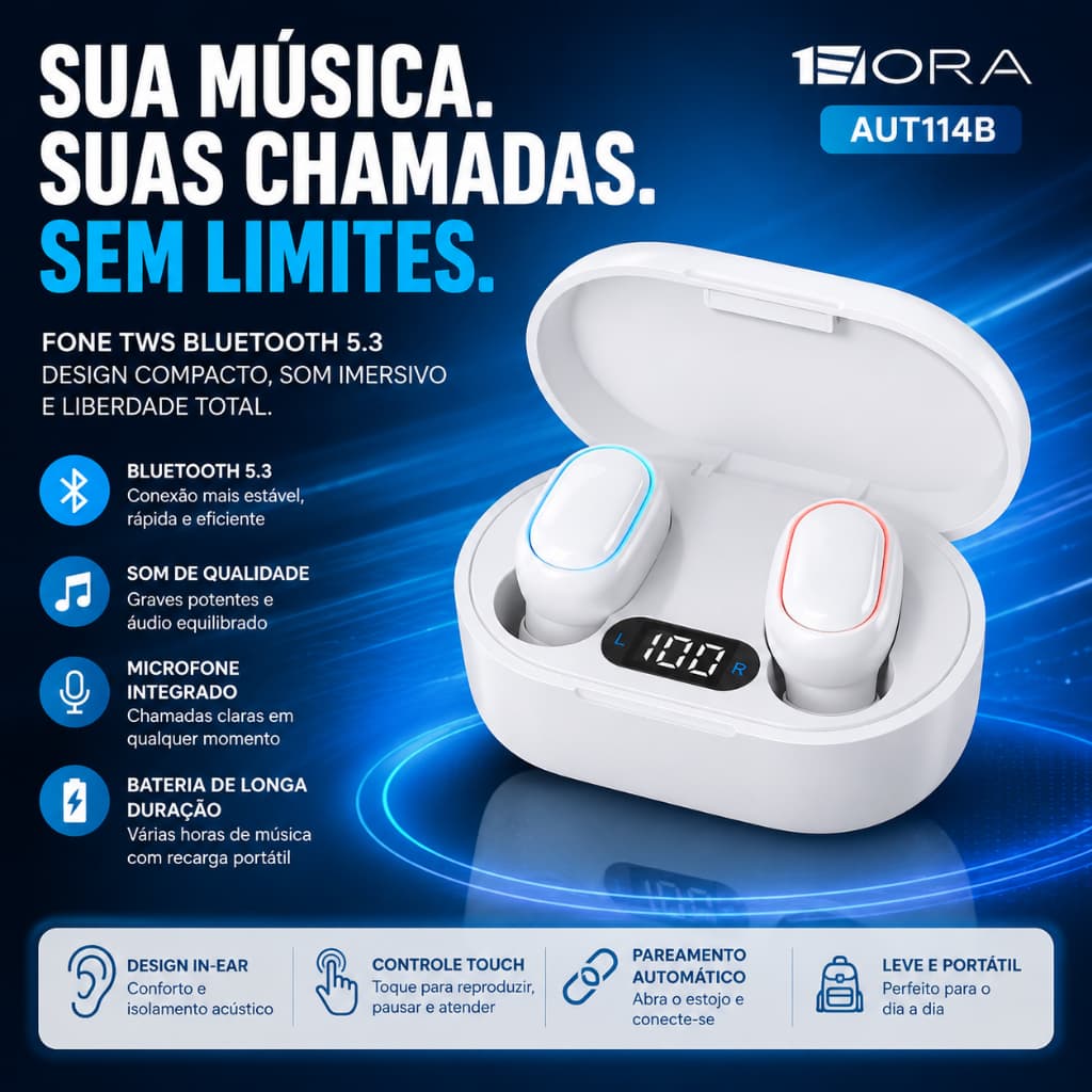 Fone de Ouvido Bluetooth Sem Fio TWS 5.3 AUT114B 1HORA Branco com Microfone e Estojo USB-C