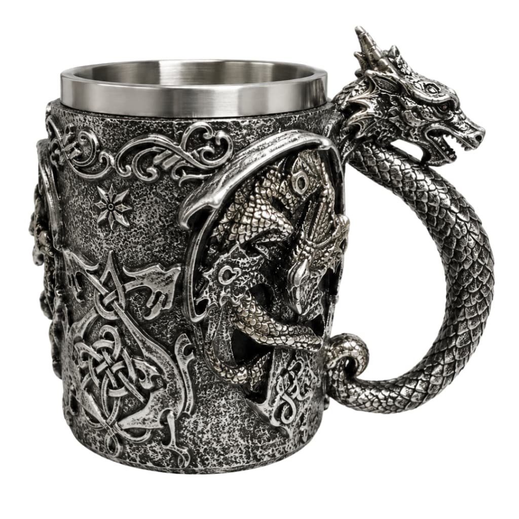 Caneca Medieval Artesanal Viking Resina Copo Aço Inox Grande Térmico Chopp Cerveja Presente