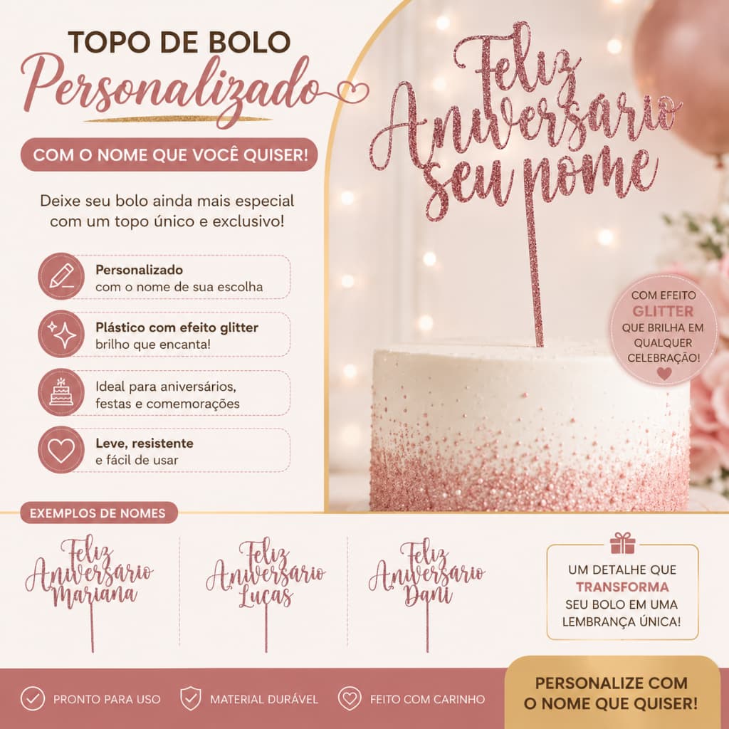 Topo de Bolo Personalizado Feliz Aniversário com Nome | Efeito Glitter | Decoração para Festa