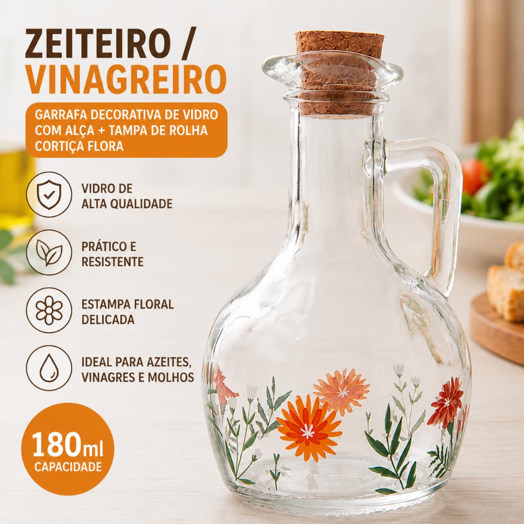AZEITEIRO / VINAGREIRO / GARRAFA DECORATIVA DE VIDRO COM ALCA + TAMPA DE ROLHA CORTICA FLORA 180ML