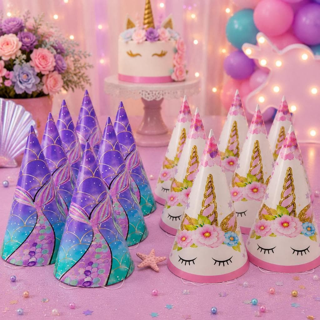 Kit 10 Chapéus Festa Aniversário Unicórnio Sereia Infantil Descartáveis Temático Lembrancinha Fofo
