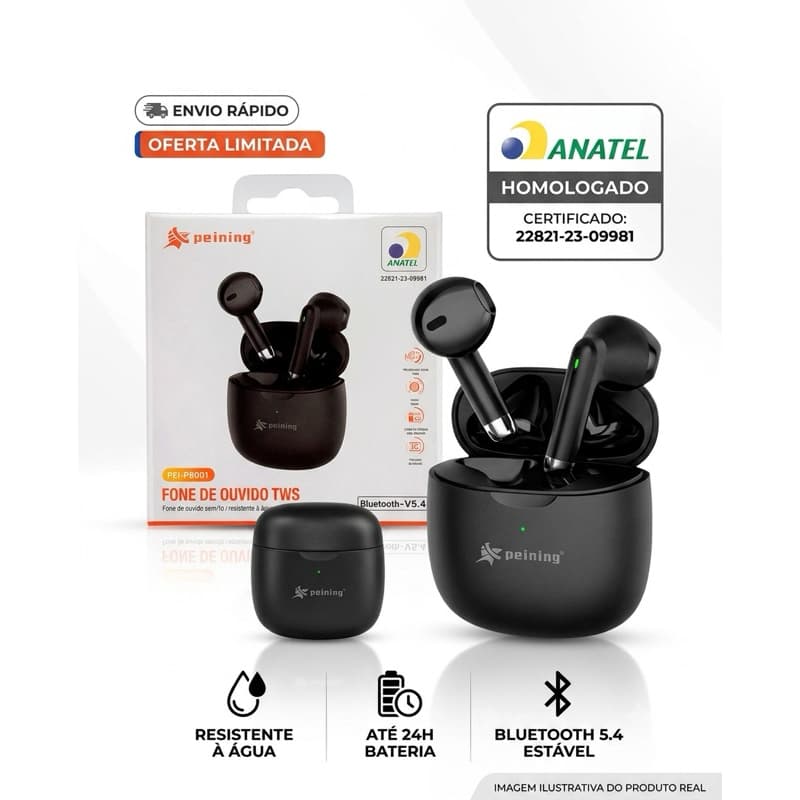 Fone Bluetooth 5.4 Peining PEI-P9001 TWS Sem Fio Som Potente Bateria Longa Microfone