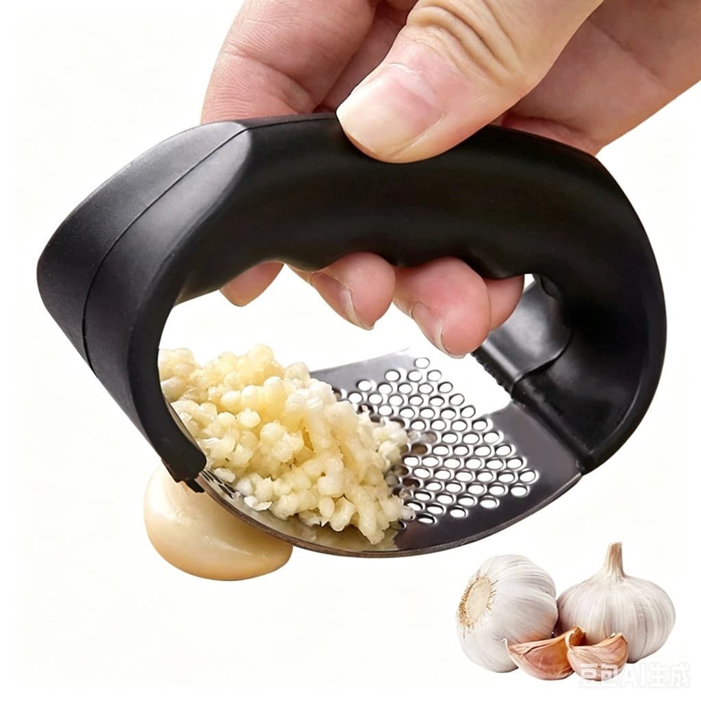 Triturador Manual de Alho 11cm Aço Inox Multiuso Amassador Gengibre Pimenta Cabo Preto Prático