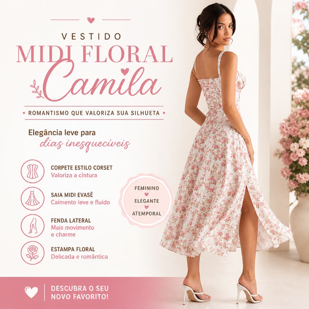 Vestido Midi Floral Branco e Rosa Feminino Corset com Fenda Lateral Elegante Verão Tamanho G