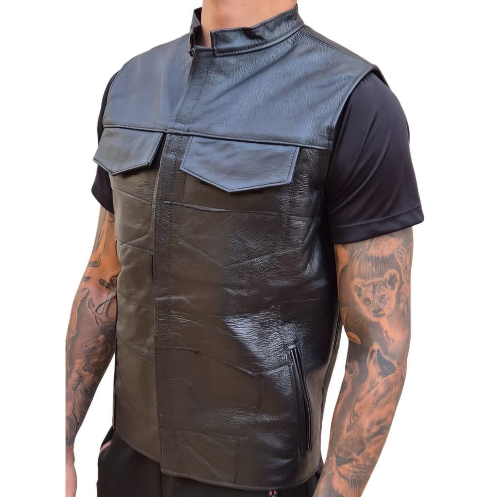 Colete Couro Legitimo Retalho Sobreposto Sons Of Anarchy Motoclube Moto Sob com Bolso