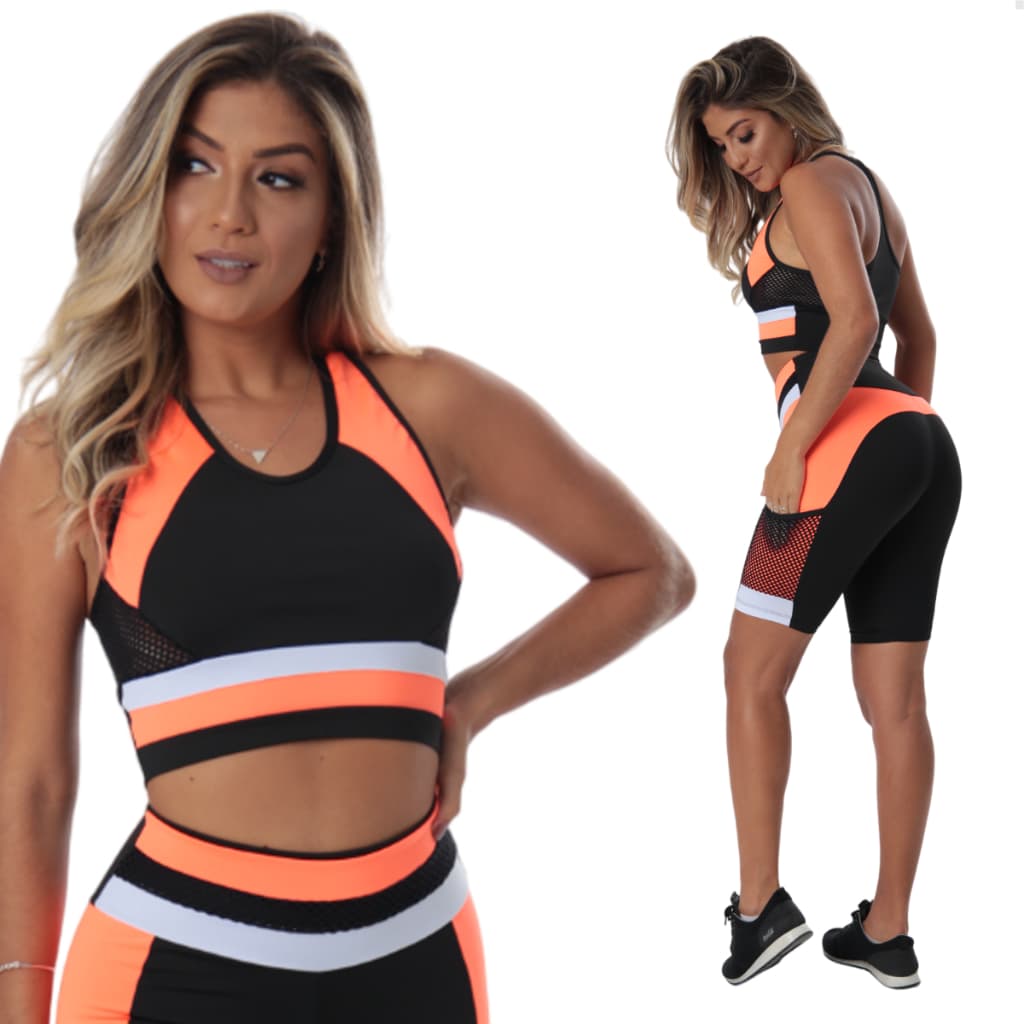 Conjunto Academia fitness Top Nadador Bermuda Cós Alto e Bolso
