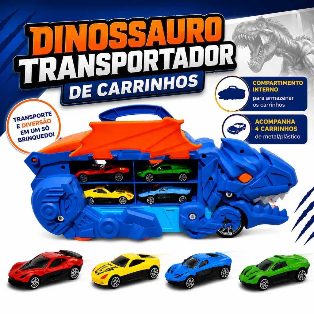 Brinquedo Dinossauro, Transportador de Carrinhos Infantil com 4 Mini Carros, Porta Carrinhos, Pista Integrada