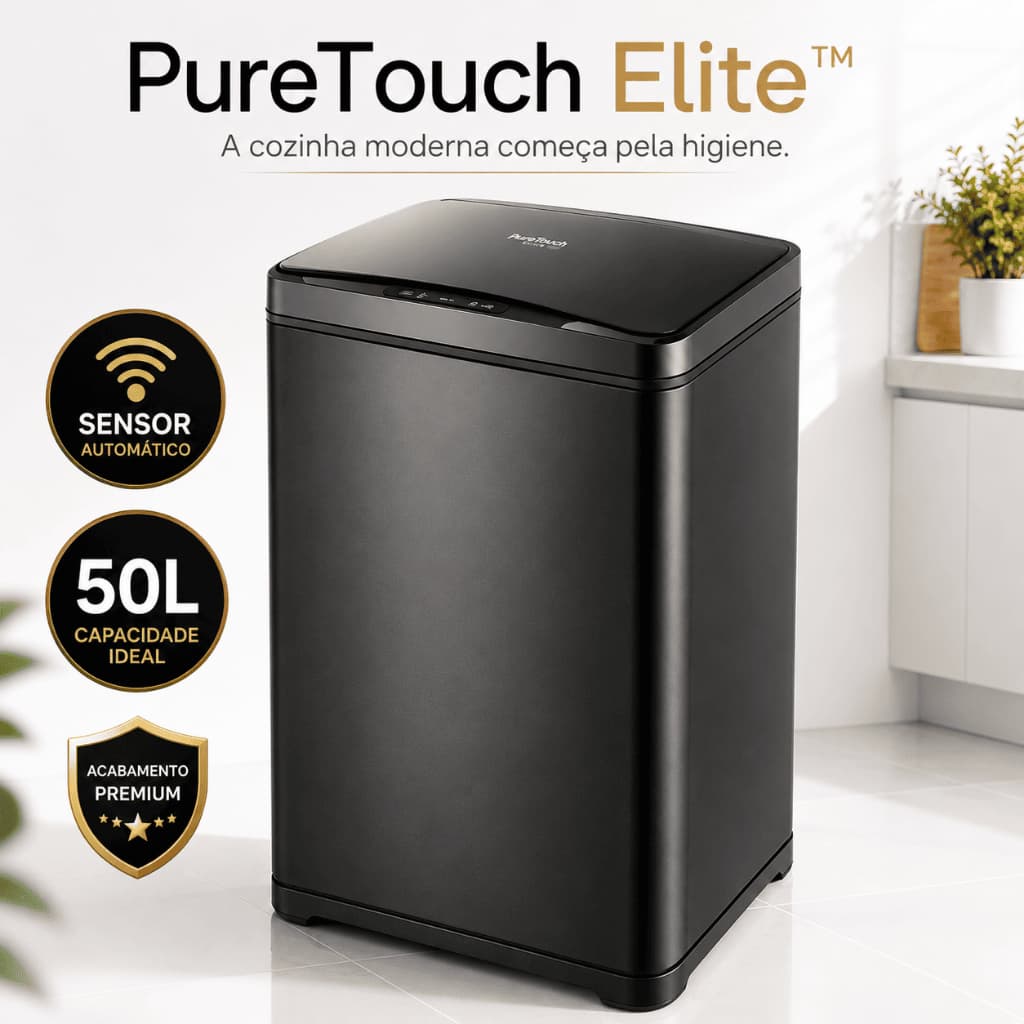 Lixeira Automática 50L Sensor Sem Toque Aço Resistente Preta Design Moderno
