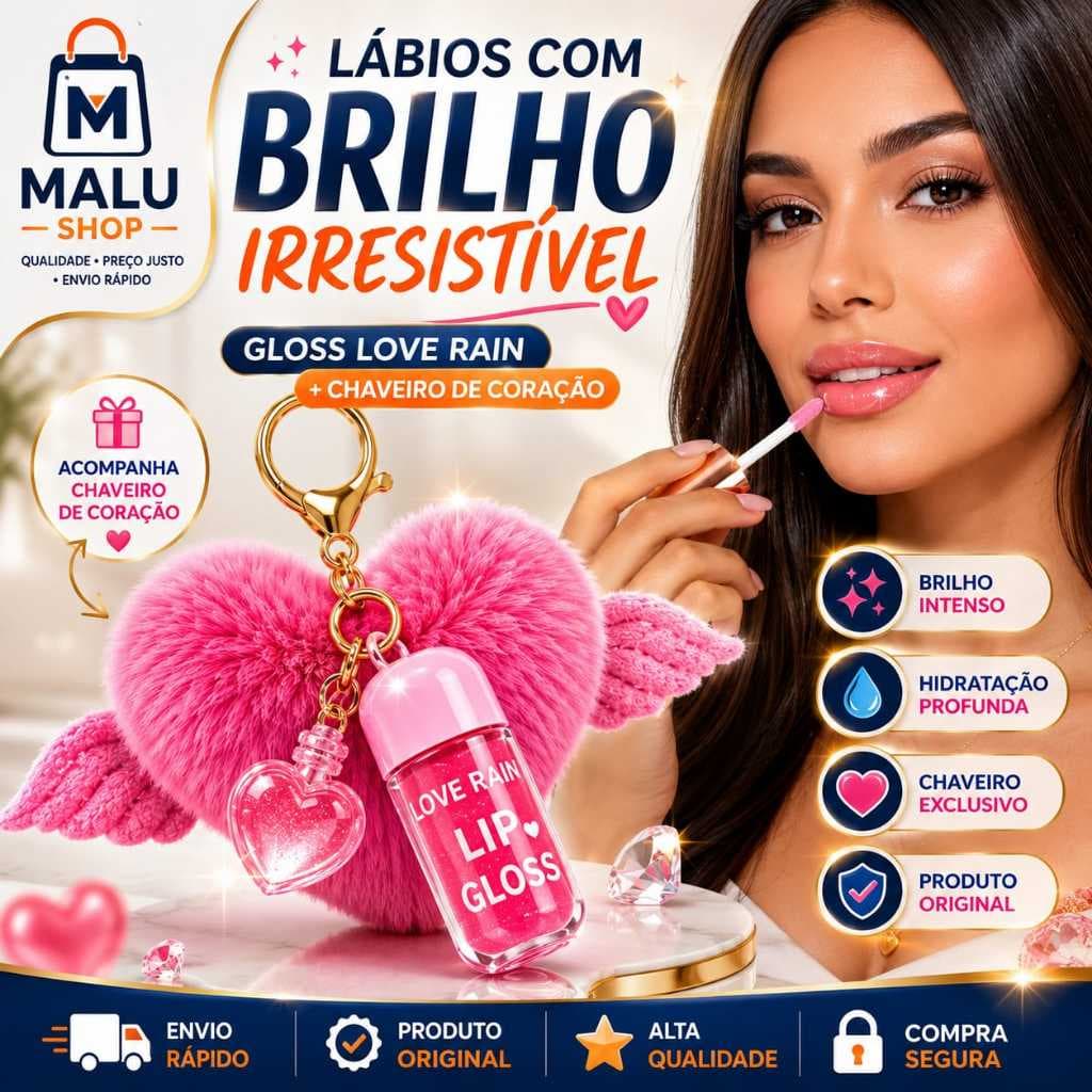 Lip Gloss Love Rain Original Chaveiro de Coração Gloss Labial Hidratante Brilho Intenso Presente Feminino Coração Brinde