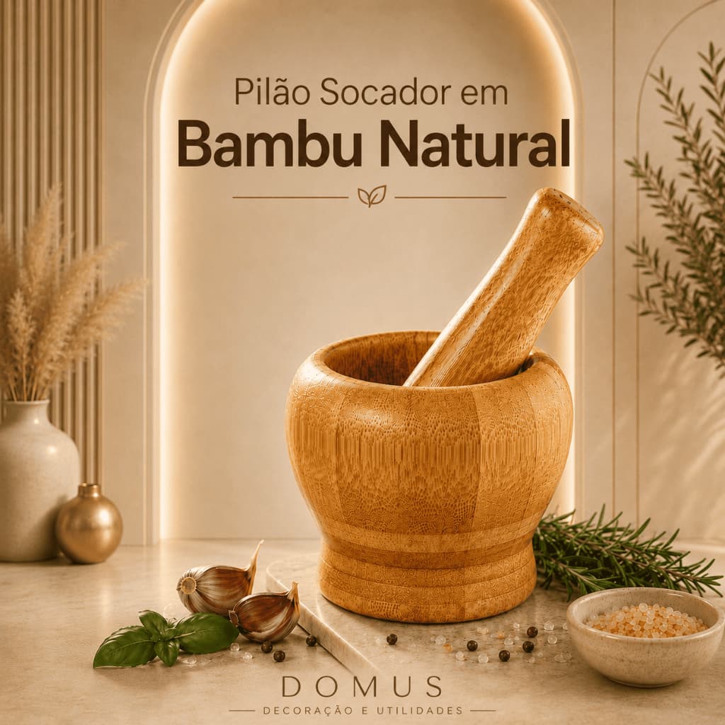 Pilão de Bambu Socador Natural Para Tempero Alho Ervas Finas Multiuso