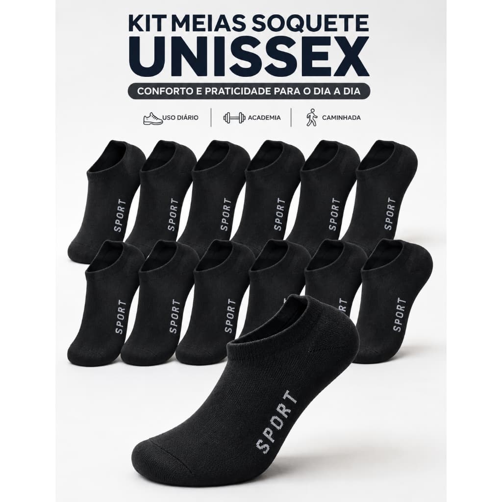 Kit 10 Pares Meias Soquete Cano Curto Unissex Respirável Preto Dia a Dia