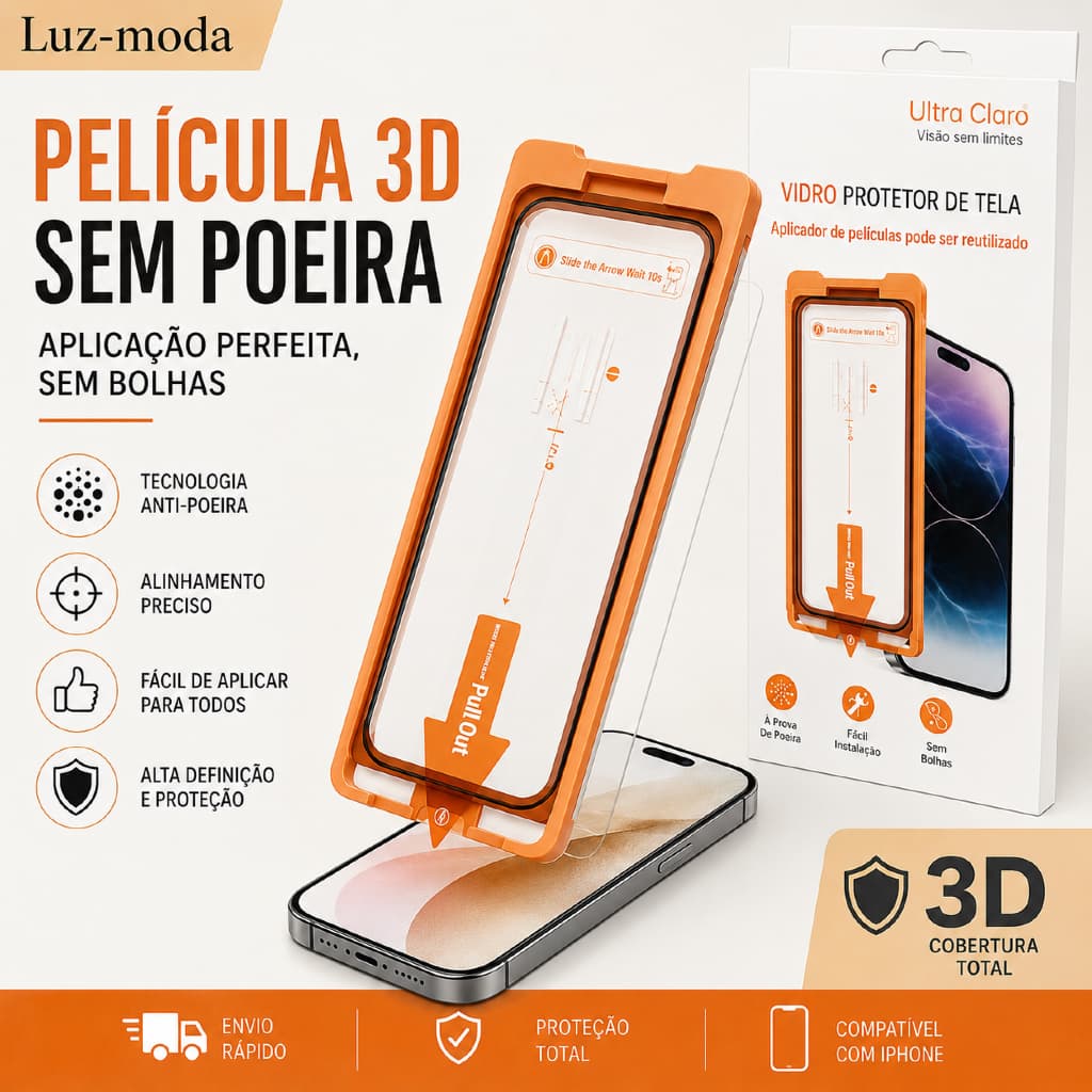 Película 3D para iPhone com Aplicador Anti Poeira e Sem Bolhas