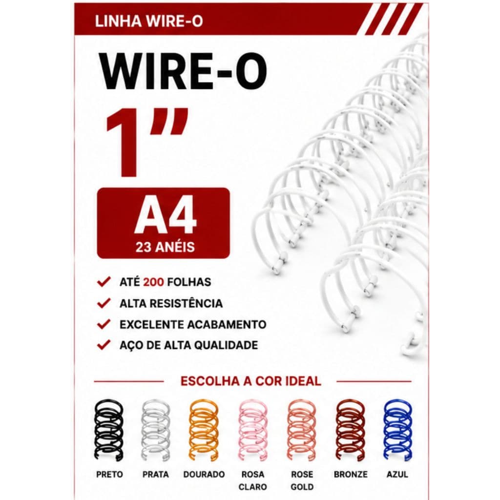 WIRE-O PARA ENCADERNAÇÃO 2X1 A4 1"P/ 200 FLS BRANCO,PRETO,PRATA,ROSE GOLD,DOURADO,ROSA CLARO,BRONZE