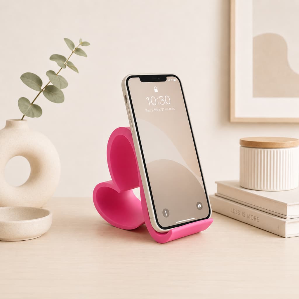 Suporte para Celular Rosa Chiclete Coração Porta Celular  para Mesa Suporte Universal para Smartphone Decoração