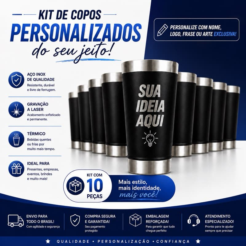 kit 10 copos térmico personalizado Brinde nome time logo casamento inox com tampa