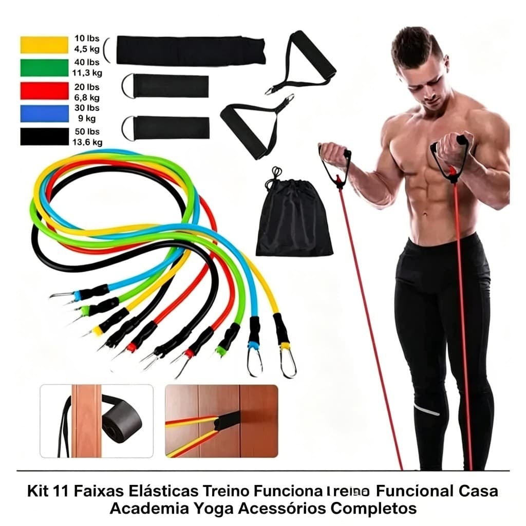 Kit 11 Faixas Elásticas Resistentes Treino Funcional Casa Academia Yoga Com Acessórios Completos