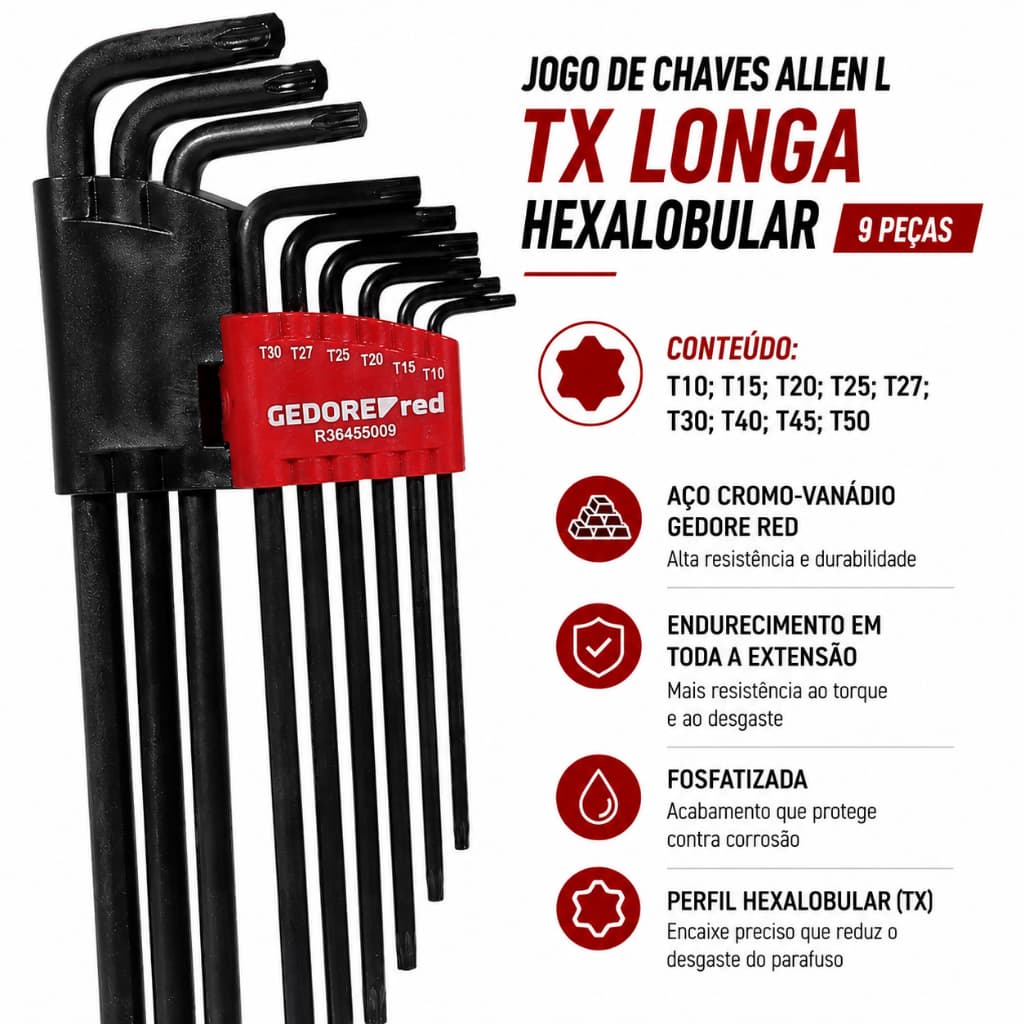 JOGO CHAVE L TX LONGA HEXALOBULAR 9 PEÇAS GEDORE RED R36455009 TIPO ALLEN