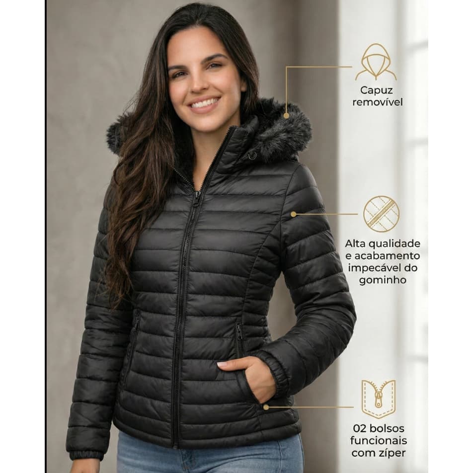 Jaqueta Feminina Puffer Forrada Apeluciada Com Capuz Removível