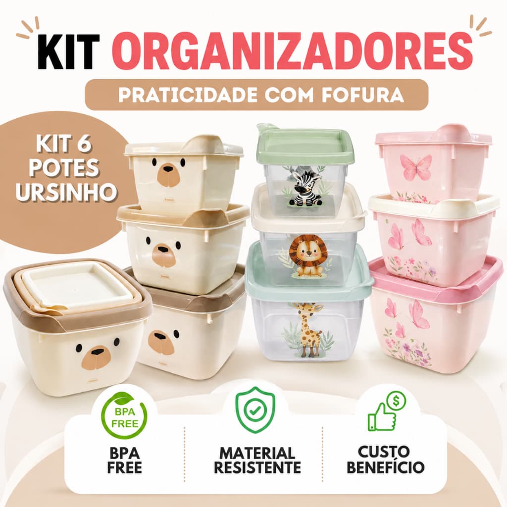 Kit Potes Organizadores Infantis BPA Free com Tampa Plásticos Decorados Freezer e Micro-ondas