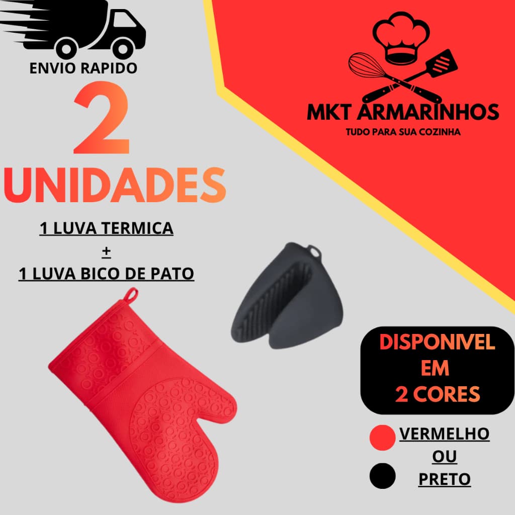 Kit Luva Térmica Silicone + Luva Bico de Pato Pegador Panela Forno Air Fryer Anti Calor Cozinha Resistente 2 Peças