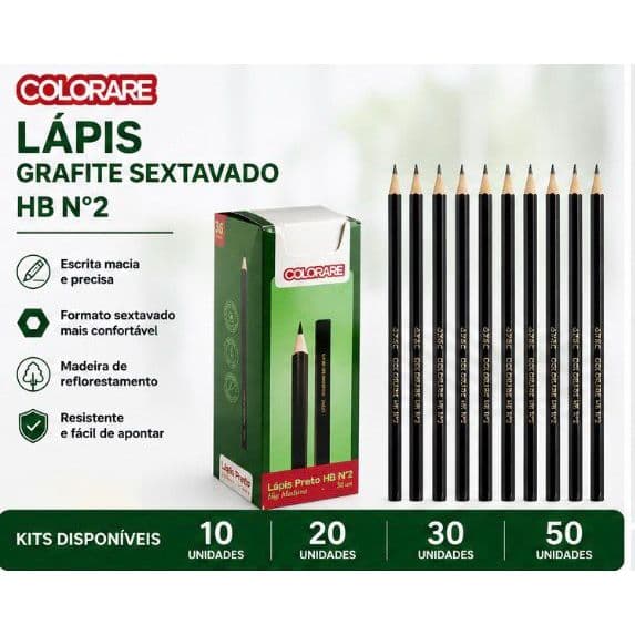 Lápis Preto HB Nº 2 Colorare Mais Barato | Kit 10, 20, 30 e 50 Unidades | Escolar Sextavado