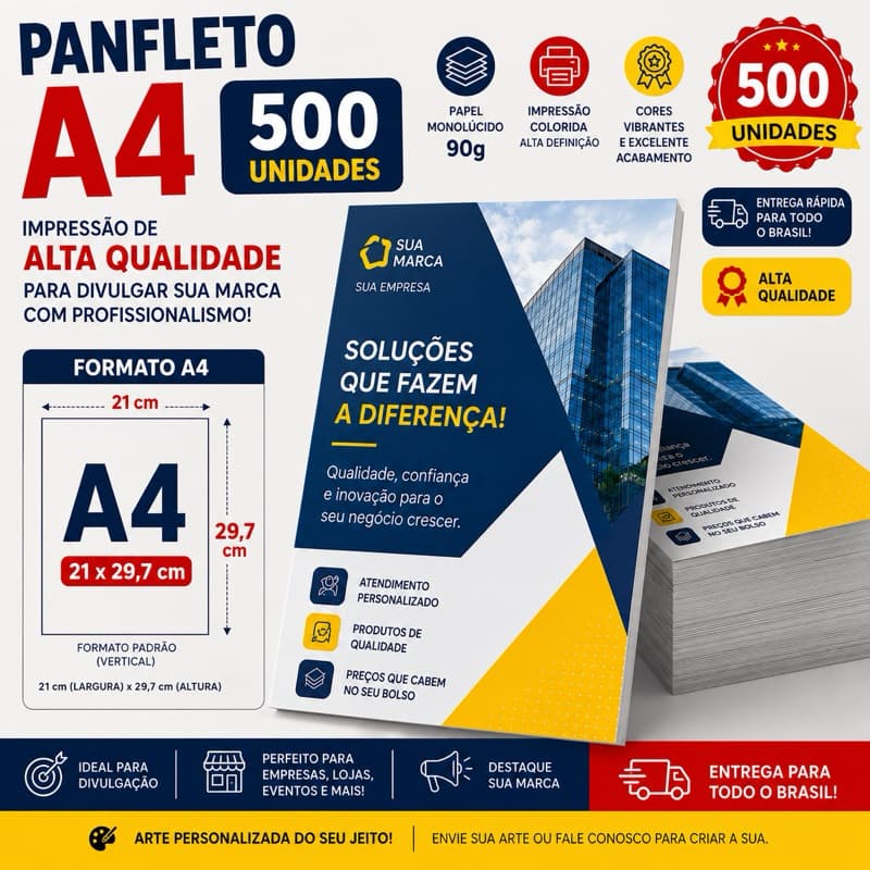Panfleto A4 Personalizado 500 Unidades Papel 90g Impressão Colorida