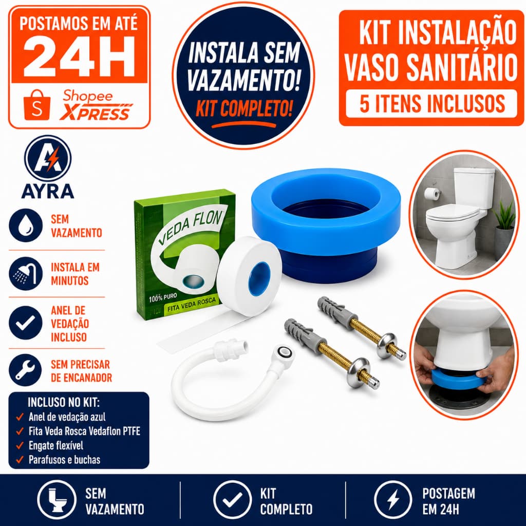 Kit Instalação Vaso Sanitário Anel  Vedação Engate Flexível Parafuso  Vedaflon Sem Vazamento