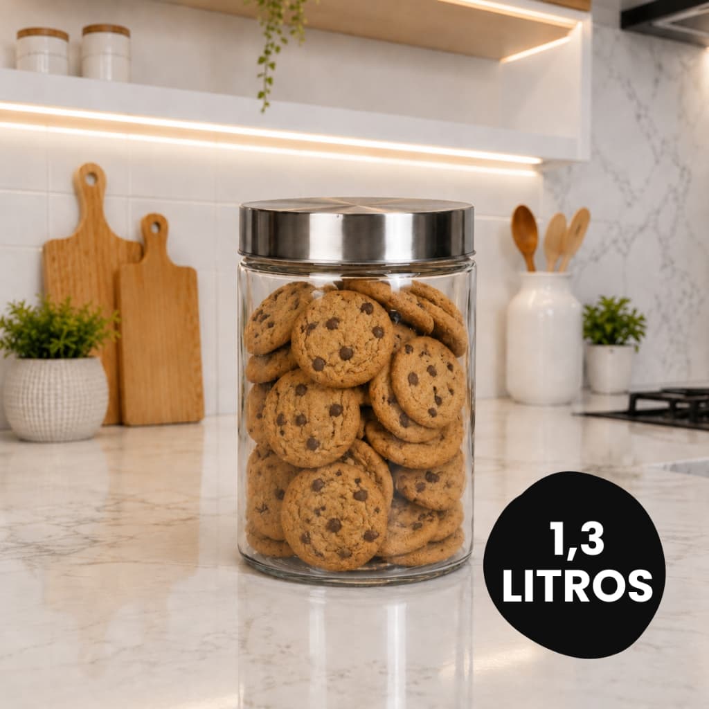 Potes De Vidro 1,3L Redondo Liso Com Tampa De Rosca Inox Resistente