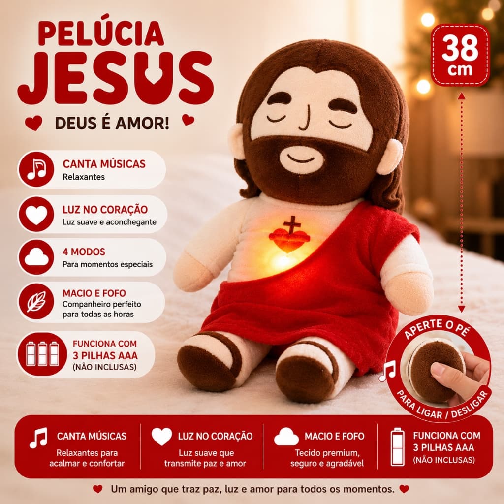 Pelúcia Jesus 38cm Que Respira com Luz LED Música Boneco Calmante para Crianças e Bebês