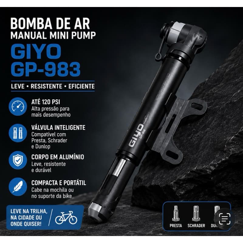 Bomba de Ar Mini GIYO GP-983 Alumínio 120 PSI Presta Schrader Dunlop com Suporte