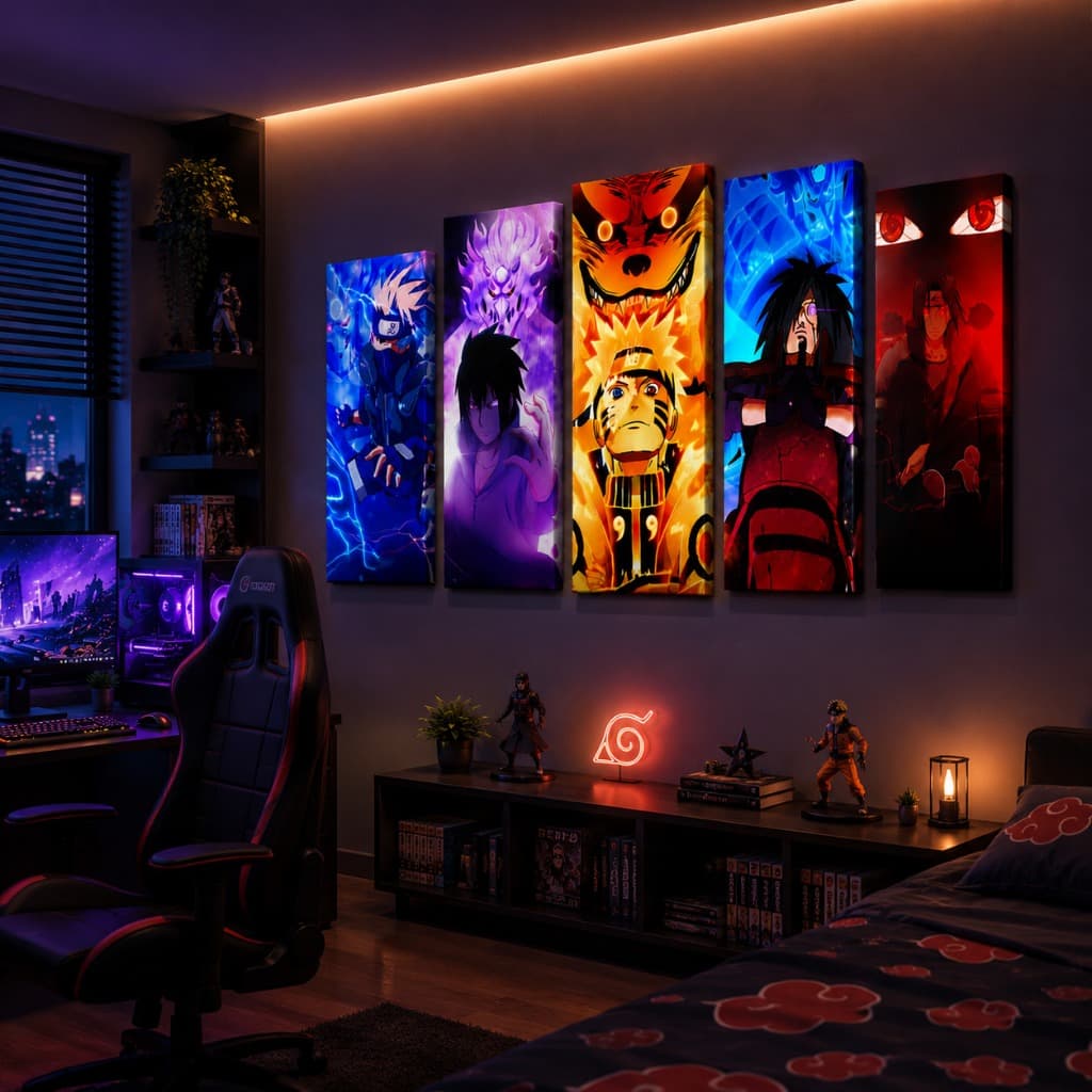 Quadro Decorativo 5 peças Mosaico Naruto Shippuden  Sasuke Madara Itachi Kakashi Sharigan Suzano