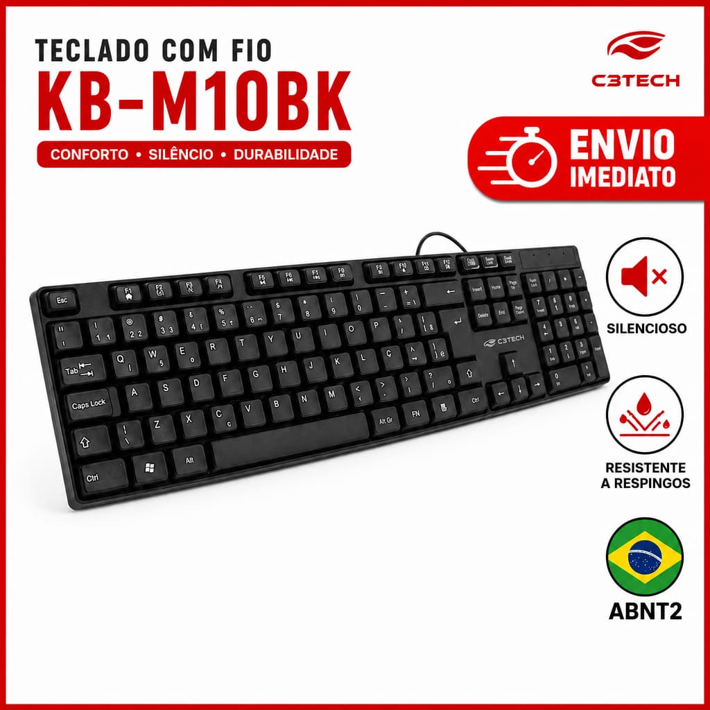Teclado USB C3Tech KB-M10BK ABNT2 Macio Silencioso Para PC Notebook Home Office