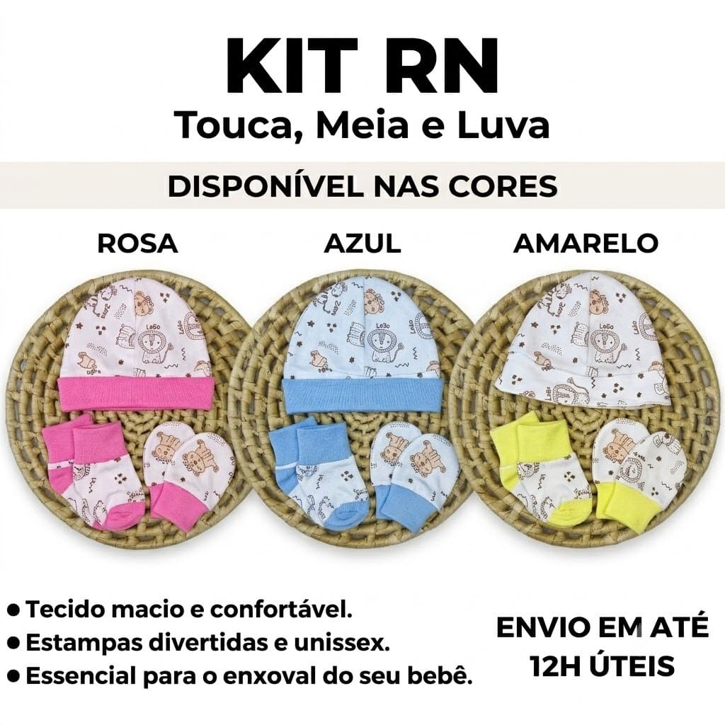 Kit Touca e Luva e Meia RN Recém Nascido Bebê Menina Menino Maternidade