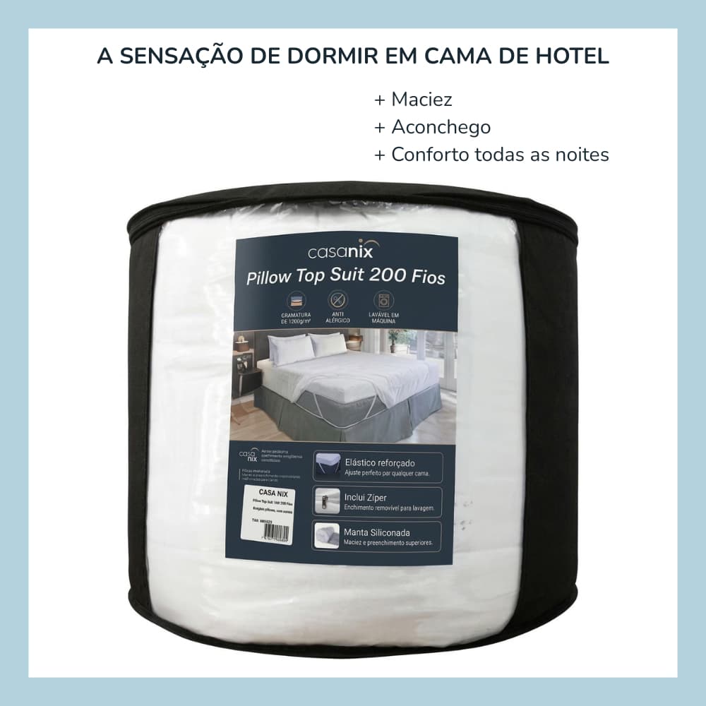 Pillow Top Suit Cama de Hotel 1200g/m² Suporte Macio Firme | 10cm de altura  |  Protege seu Colchão