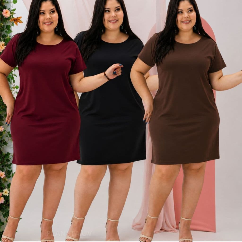 KIT 3 VESTIDOS PLUS SIZE FEMININO CURTO TECIDO MALHA LIGHT COM MANGA ESTAMPAS VARIADAS