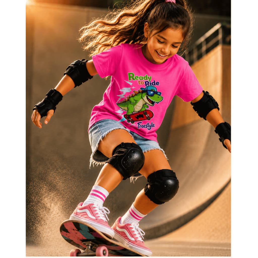 Camiseta Menina Infantil Dinossauro no Skate 100% Algodão Macia e Confortável