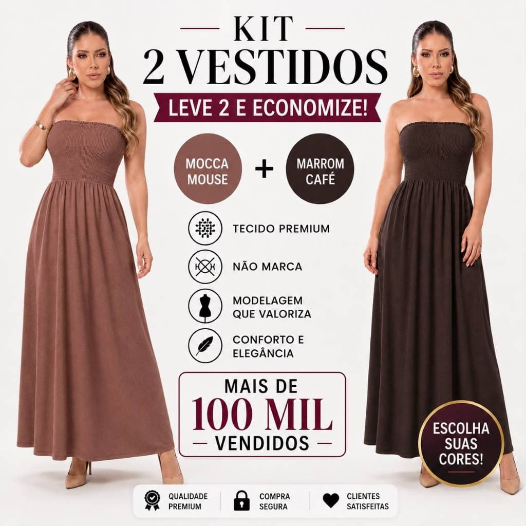 Kit 2 Vestidos Feminino Lastex Tomara Que Caia  Duna Longo Liso Com  Elegante Festa Trabalho Moda Tendência