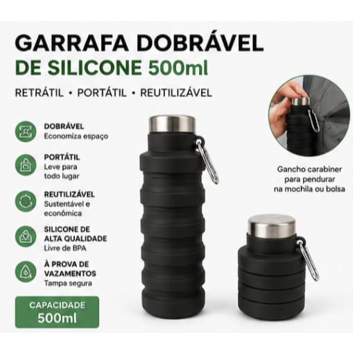 Garrafa de Silicone Dobrável 500ml Retrátil Portátil Reutilizável Cores Disponíveis