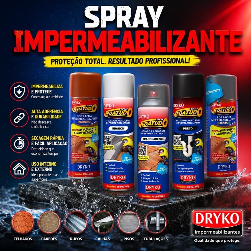 Spray impermeabilizante vedatudo 400ml cores Dryko emborrachamento