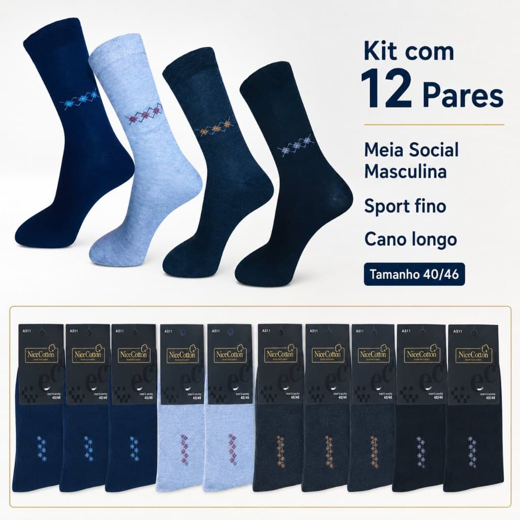 Kit 12 Pares de Meia Social masculina Sport fino cano longo