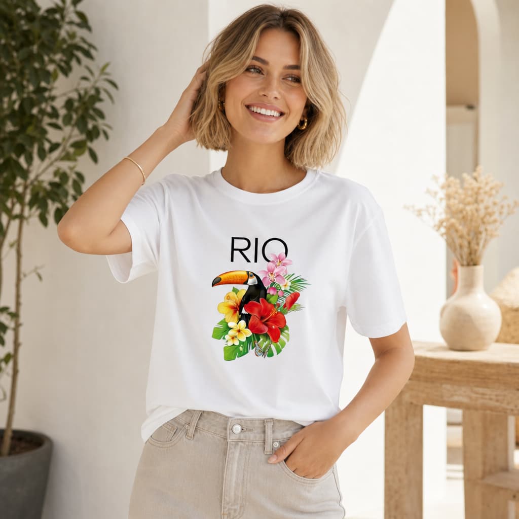 T Shirt Estampada Feminina 100% Algodão Rio Tropical Camiseta Onça Tucano Arara Flores Blogueira Envio Imediato