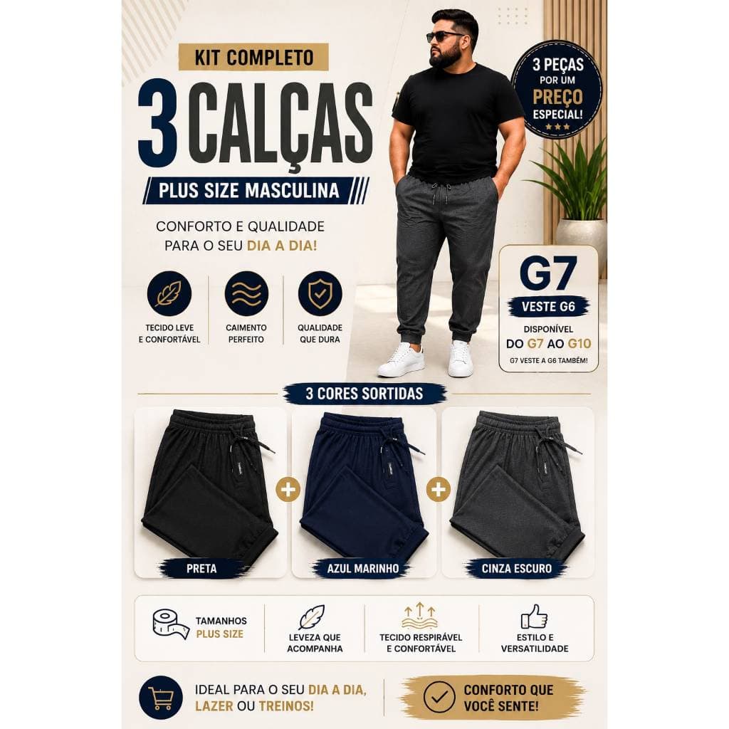 Kit 3 Calça Moletom Plus Size Masculina Esporte G6 e G7