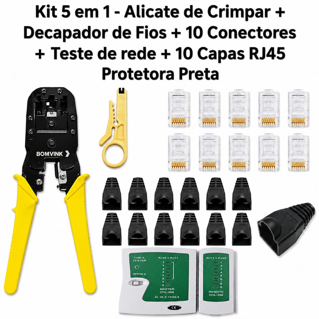 kit 5 em 1 - Alicate de crimpar +  10 Conectores + Decapador de fio + Teste de rede + 10 Capa Rj45