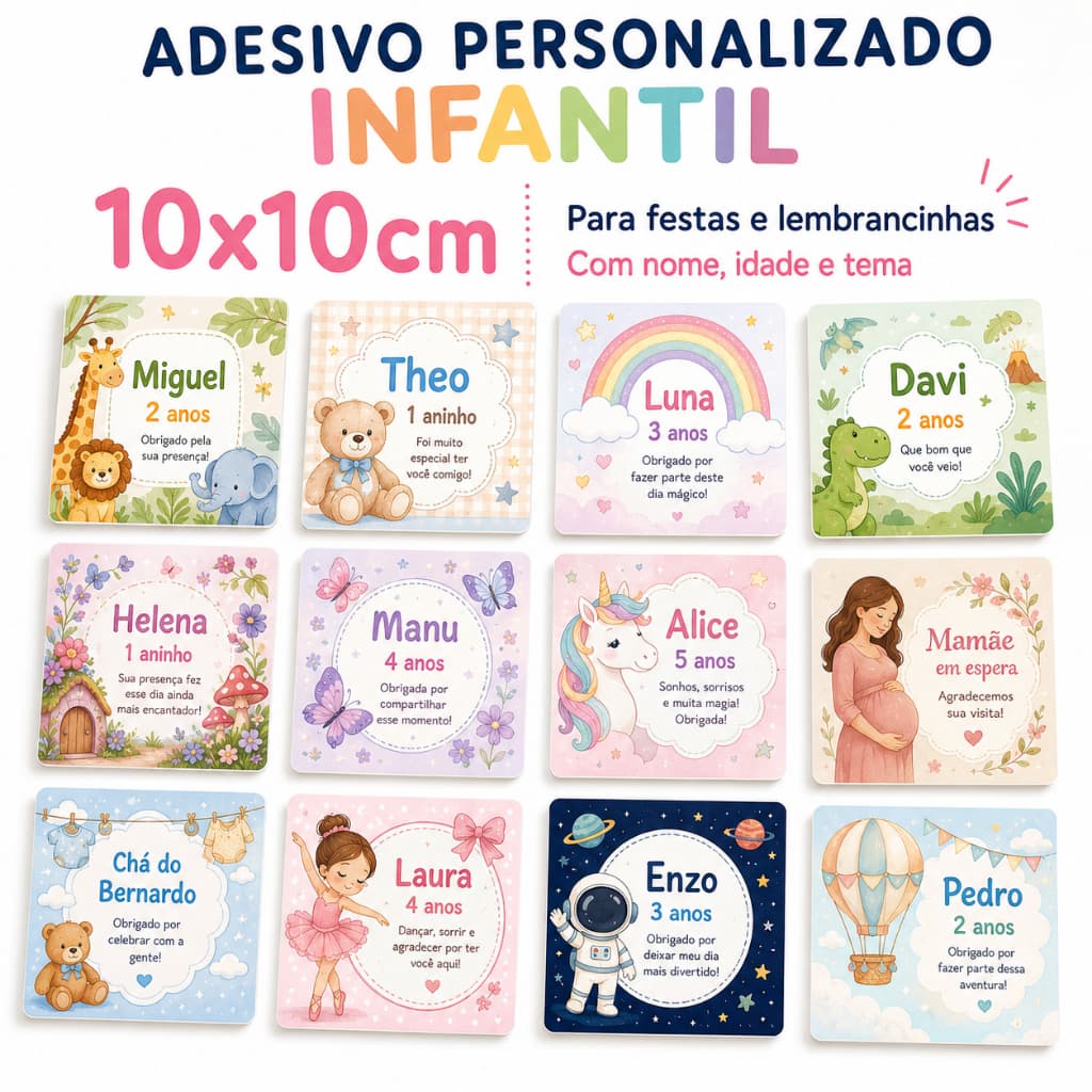 Adesivo Personalizado Infantil 10x10cm Para Lembrancinha Festa Aniversário Com Nome